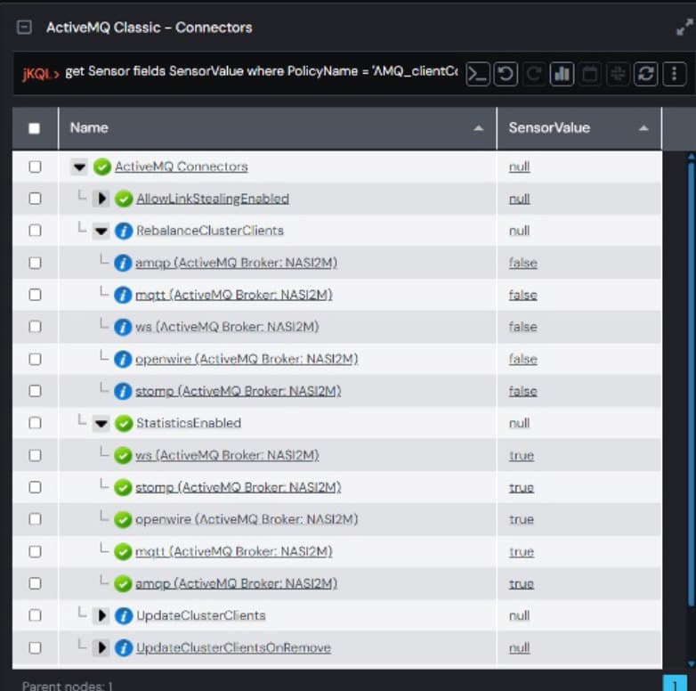 A screenshot of a computer displaying the ActiveMQ Classic interface, specifically showing connectors and various configuration settings related to SensorValue and PolicyName. The screen includes information about the various brokers, connection types (openwire, stomp), and their enabled statuses.
